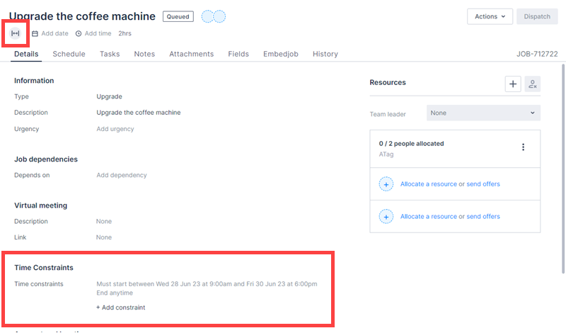 The time constraint fields in the work details page.