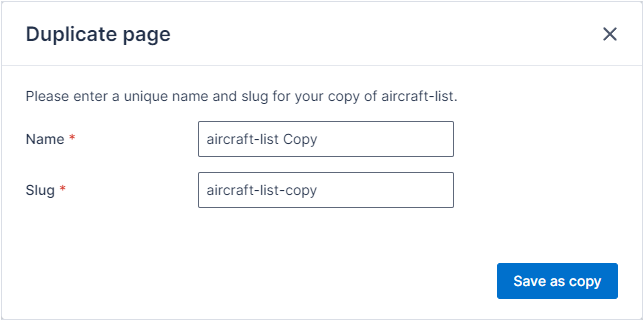 The duplicate page modal with fields prepopulated
