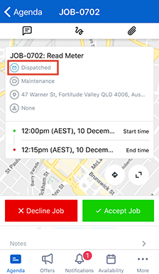 An example of job allocation status as seen in a resource&rsquo;s Skedulo mobile app.