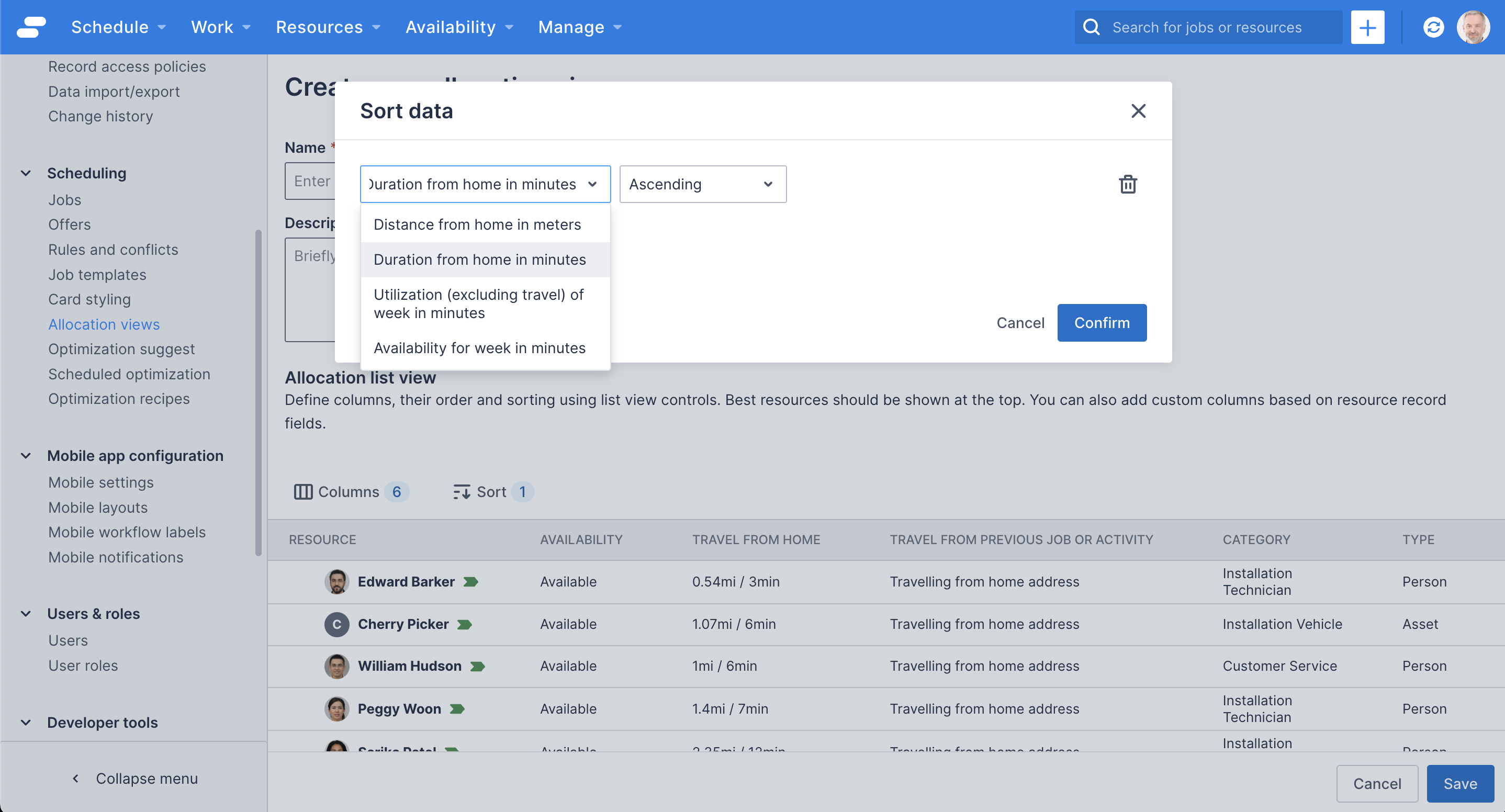 The Sort data modal