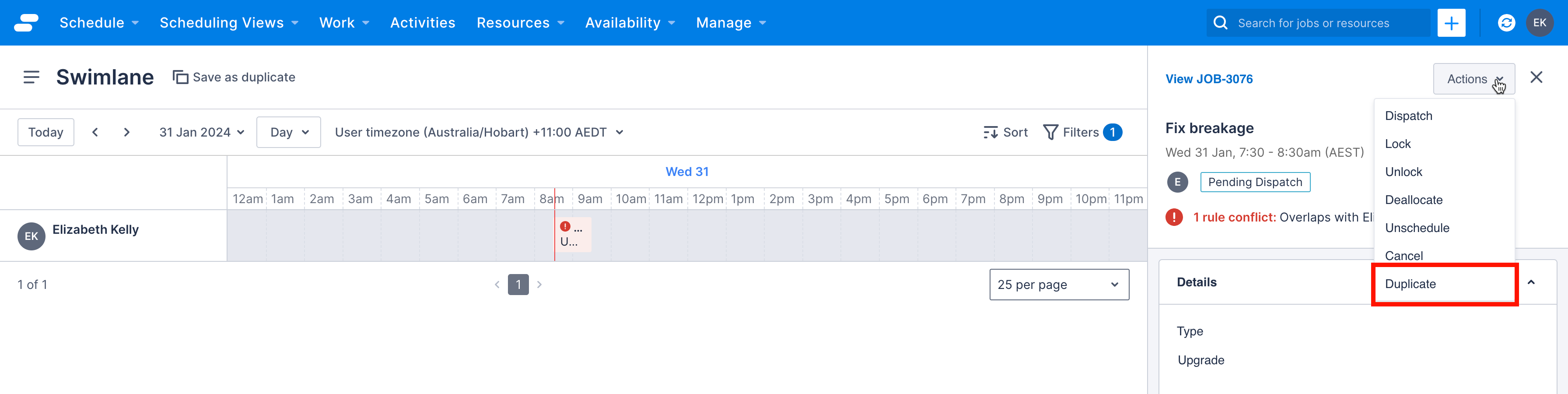 Swimlane with a job selected and the duplicate action visible