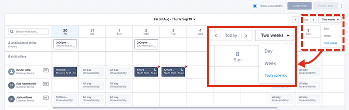 How to view two weeks of shifts using the view selector.