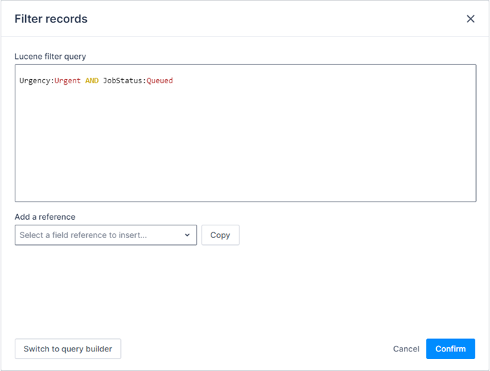 lucene filter query mode on filter records modal.