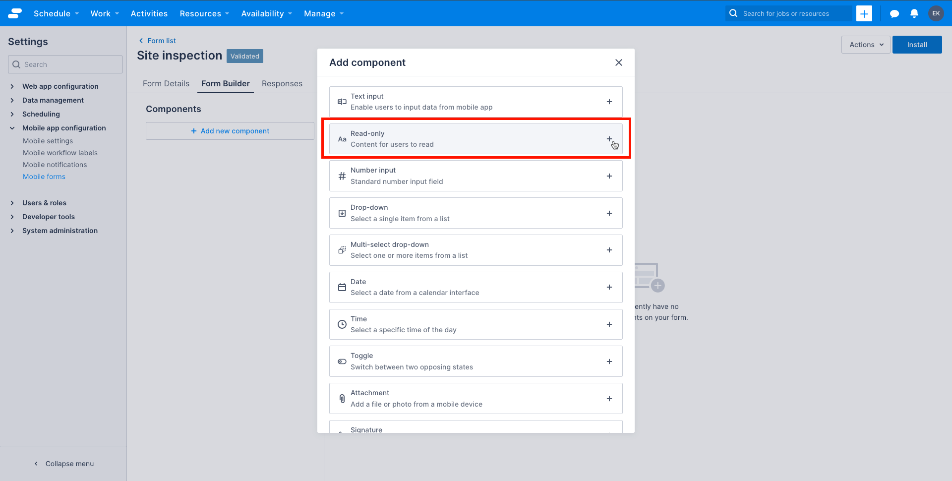 Add read-only component to form