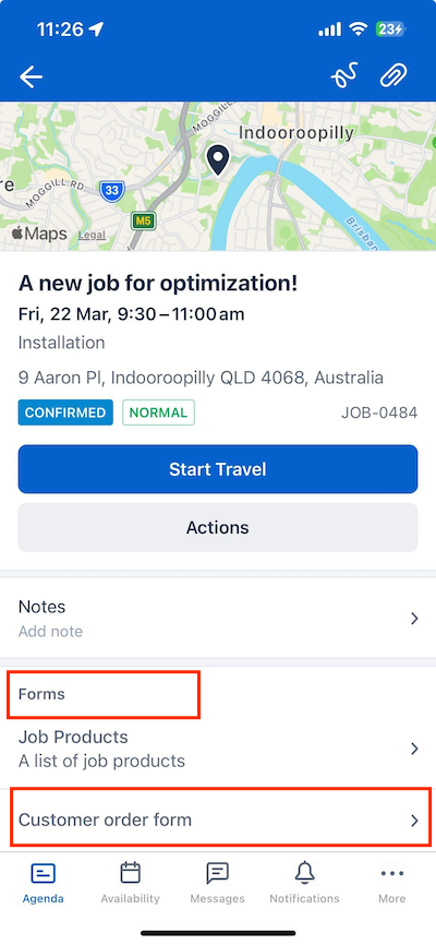 Job details screen in Skedulo Plus showing the list of forms