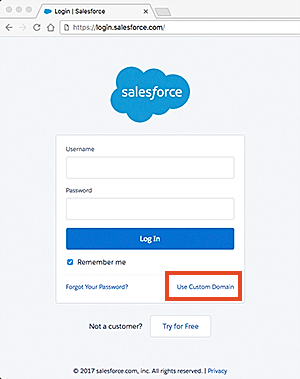 The Salesforce login screen (use Custom Domain for SSO).
