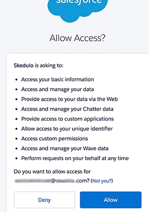 The permissions request screen (Salesforce-Skedulo).