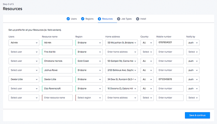 The resources configuration screen.