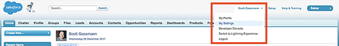 An example showing how to access my settings from the Salesforce Classic dashboard.