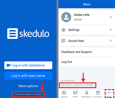 The two locations of the Skedulo mobile app version number.