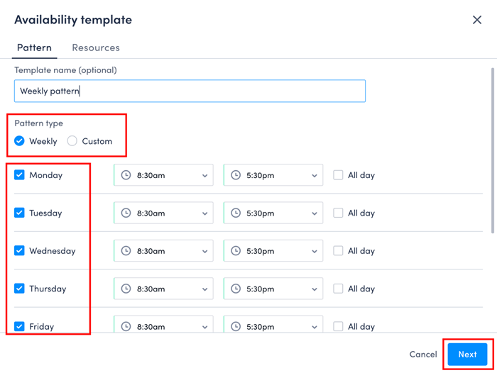 availability template modal with pattern tab selected