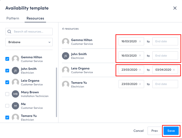 select a start date for the availability template