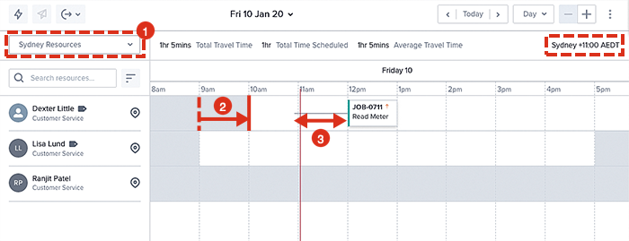 The scheduling swimlanes displaying a job adjusted for the time zone of a resource.