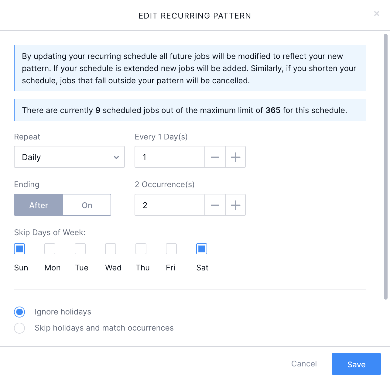 Edit recurring pattern modal