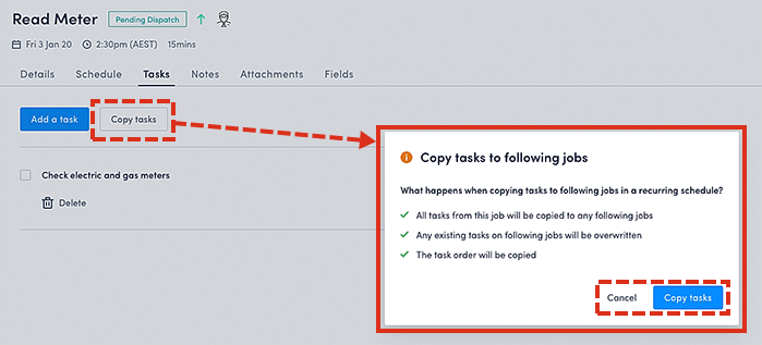 ​The confirmation pop-up for copying tasks in a recurring schedule.