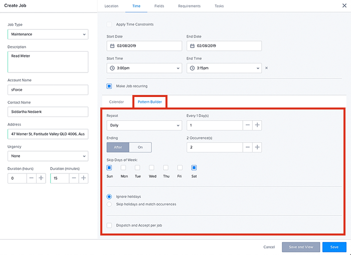 How to configure a recurring schedule for a job using the pattern builder