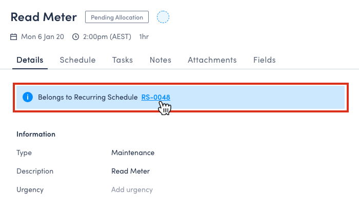 An example of the job page showing the job belongs to a recurring schedule (RS-0048).