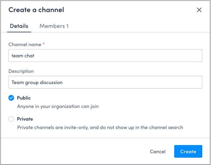 create a channel dialog