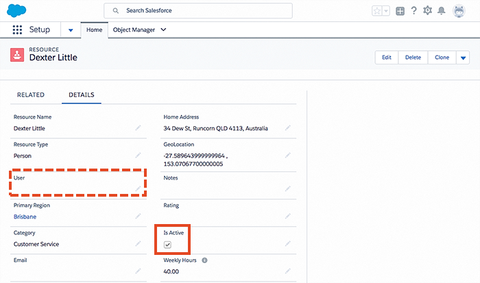 An example of a semi-completed resource record in Salesforce Lightning. Edit the user field to attach a resource to the licensed Salesforce user.