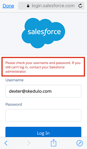 Skedulo displaying a Salesforce login failure due to the user account being frozen on the CRM.