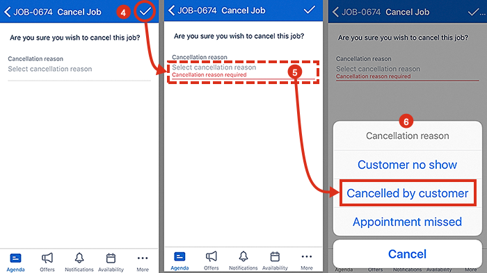 Examples showing the steps for how to cancel a job on Skedulo.