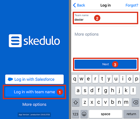 Logging into the Skedulo mobile app using a team name.