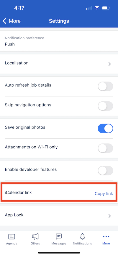 The iCalendar copy link location in the Settings menu
