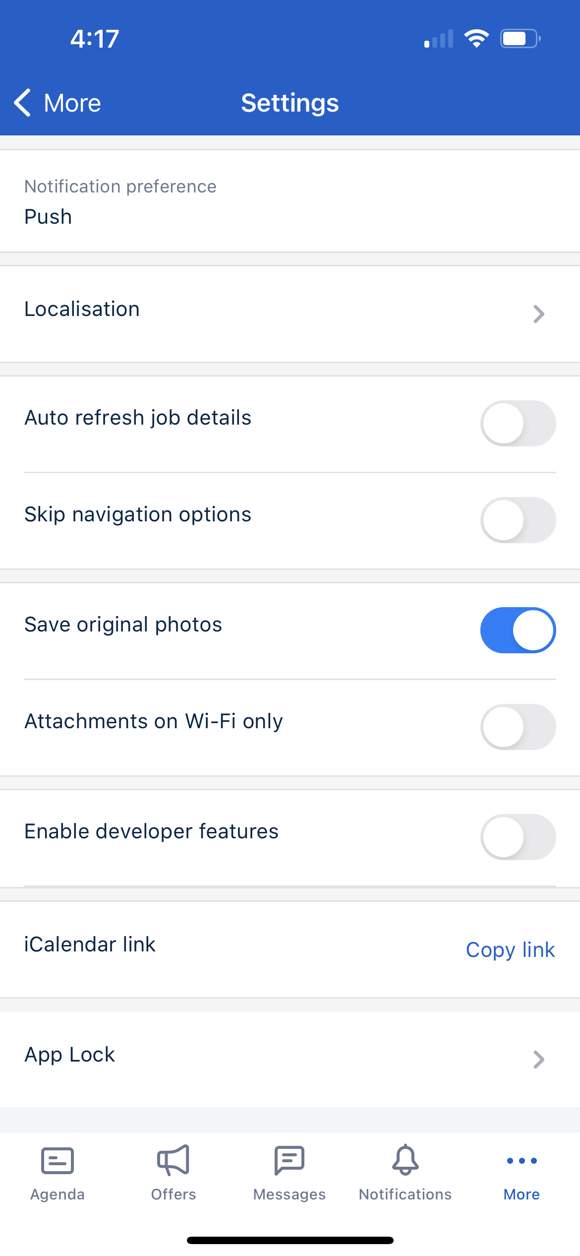 The Skedulo mobile app settings screen with listed options.
