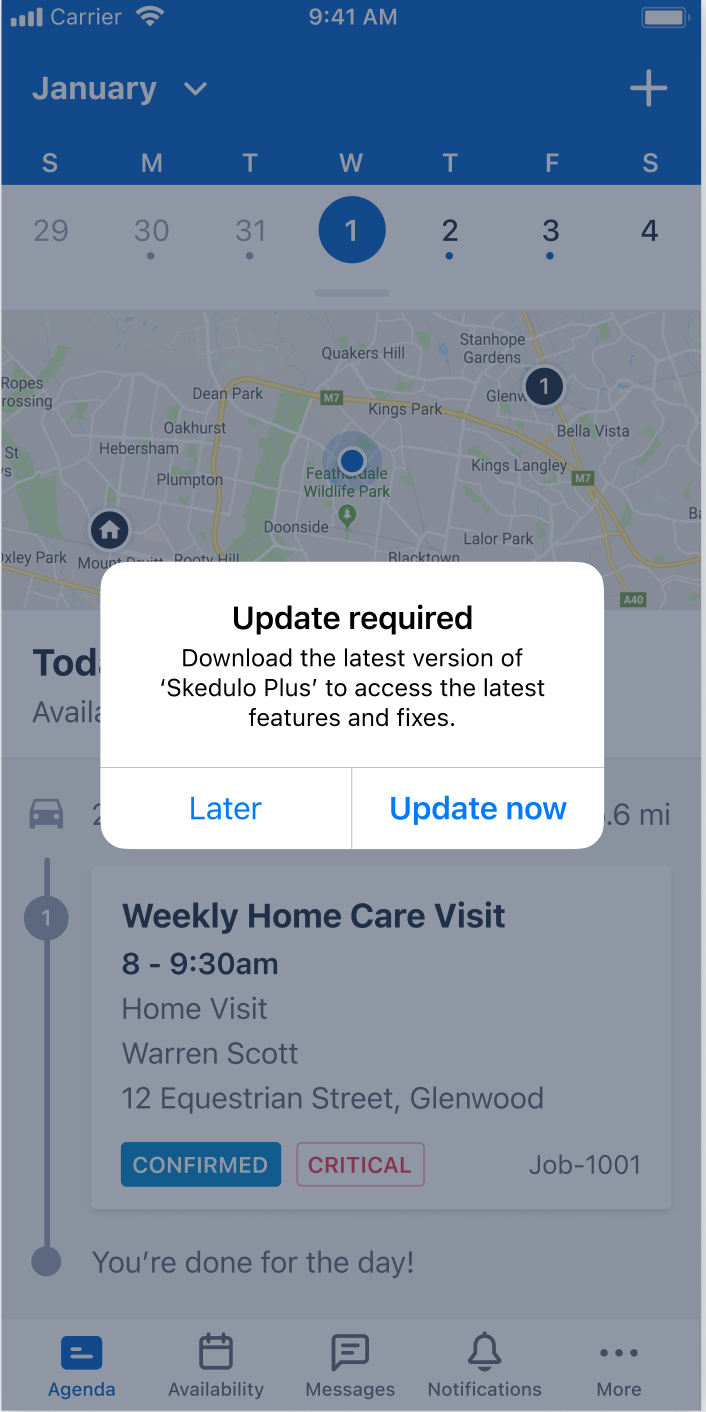 Update notification on the Skedulo Plus mobile app