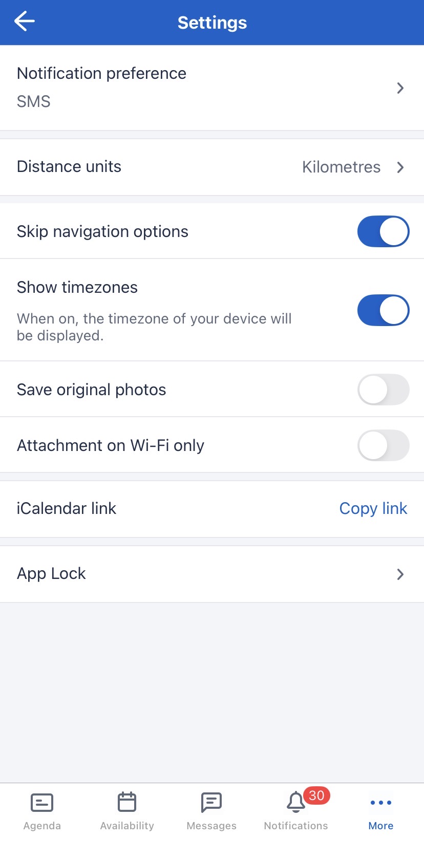 The settings menu in the Skedulo Plus mobile app