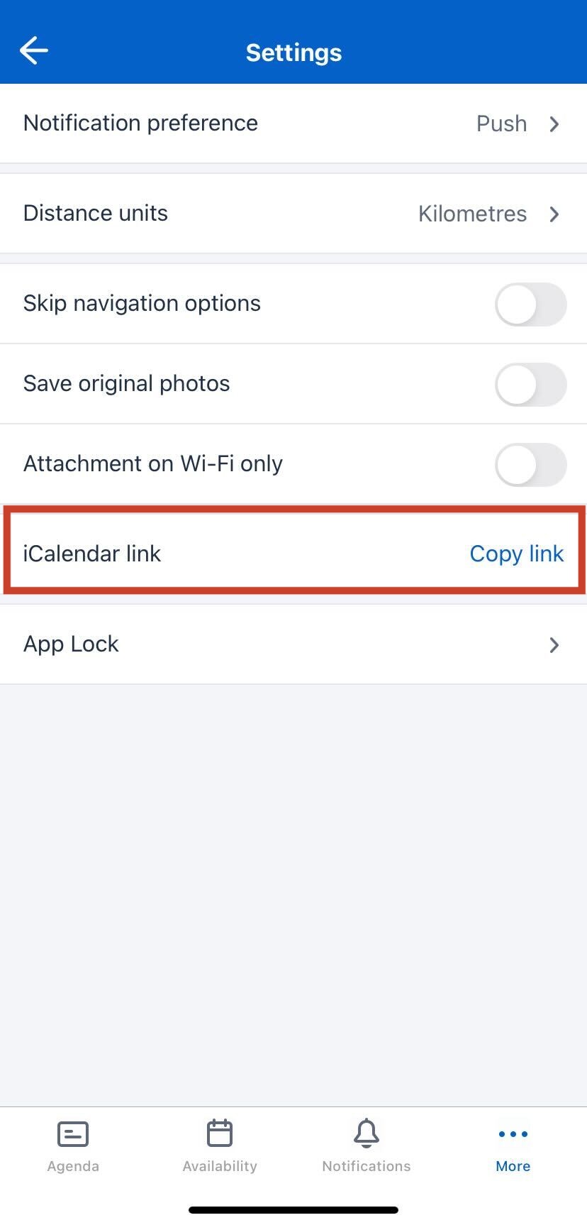 The iCalendar copy link location in the Settings menu.