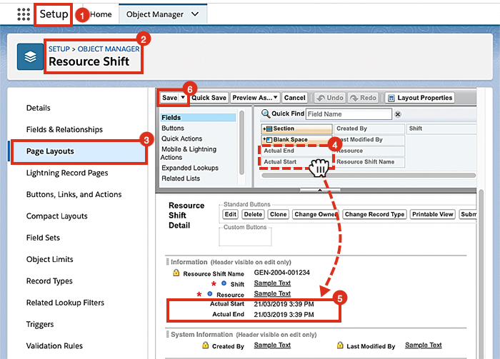Adding the actual shift time fields to the resource shift layout in Salesforce CRM.