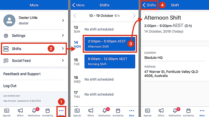 Accessing and viewing shifts on the Skedulo v2 mobile app.