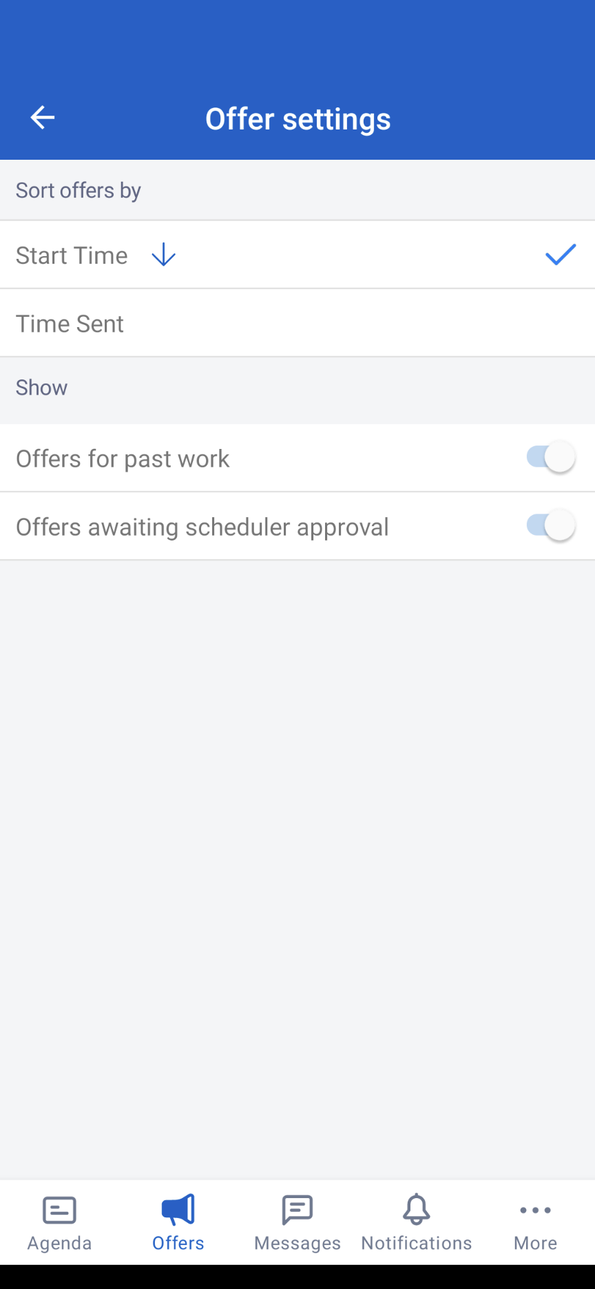 Sort and filter offers in the Offer settings screen.