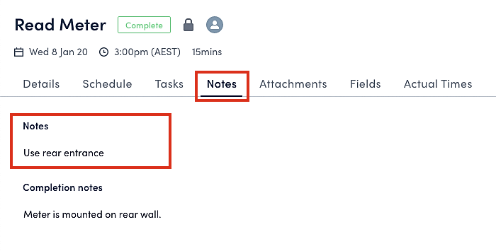 ​A synchronized note displayed on the job page in the web app.