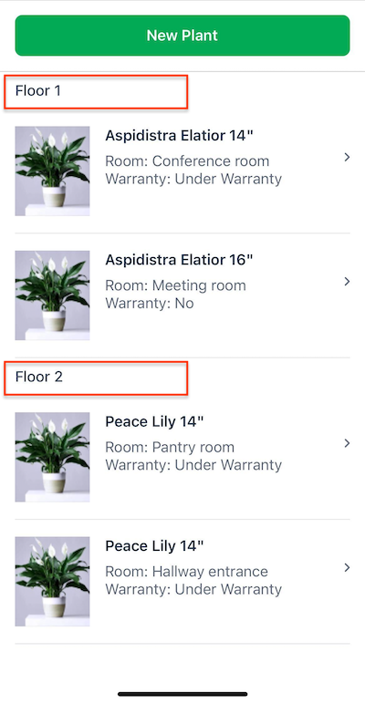 A list page showing the hasSection property grouping plants by which floor they are on at a client office.