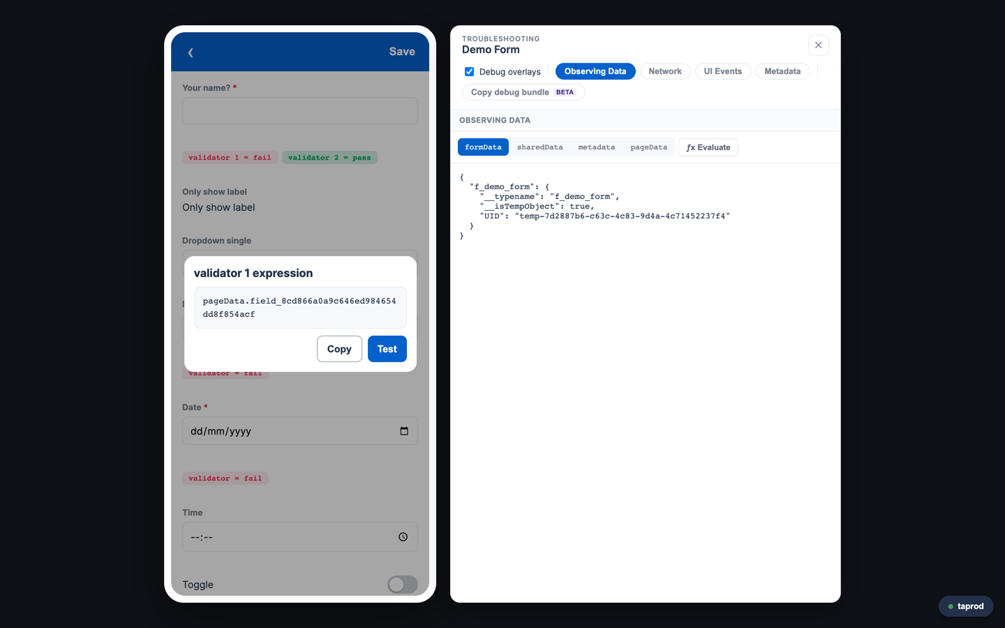 Double-click a chip to see the validator expression, with Copy and Test