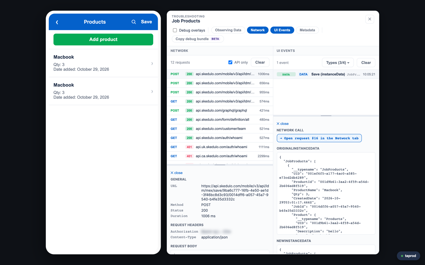 One click later: the matching POST /save, selected and expanded