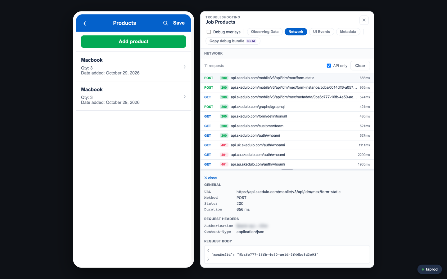 The Network tab: real calls with timings, and one expanded to show headers and body