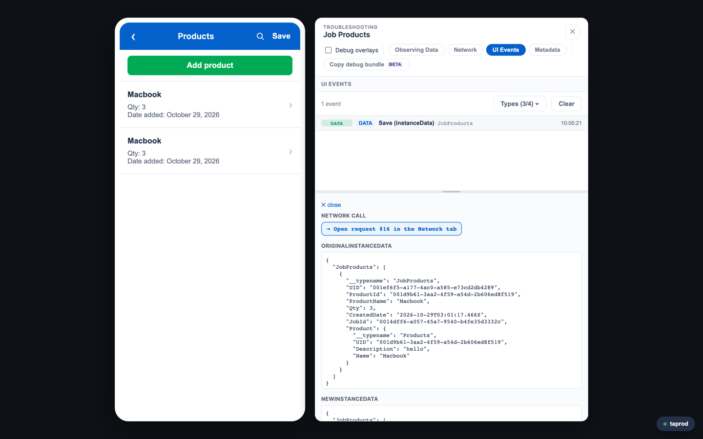 A Data event: the saved payload, and a link to its request in the Network tab