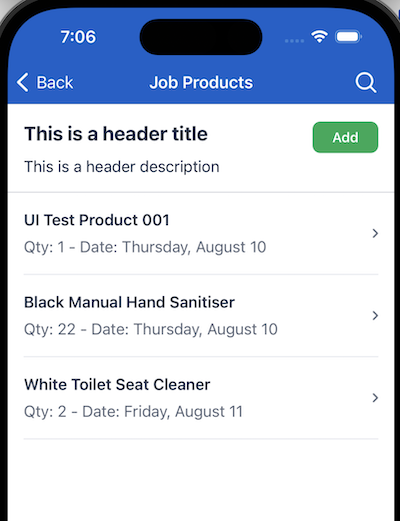 A screenshot of the Job Products mobile extension list page with a header title and description and a button group.