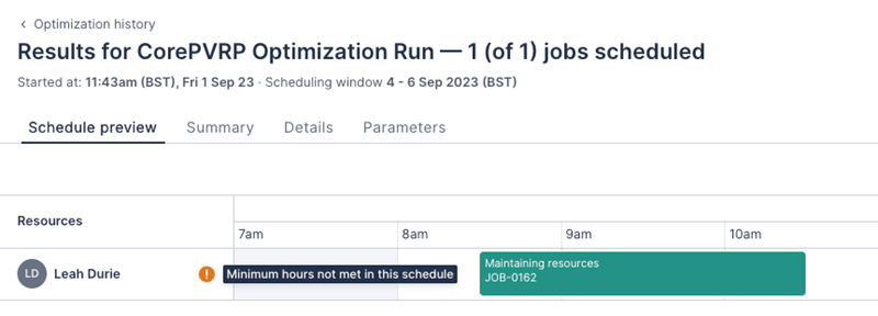 An optimization run where the min hours of a resource are not met