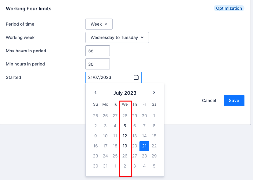 The Started calendar in the Working hour limits configuration showing the available dates to select from in a Wednesday to Tuesday working week.