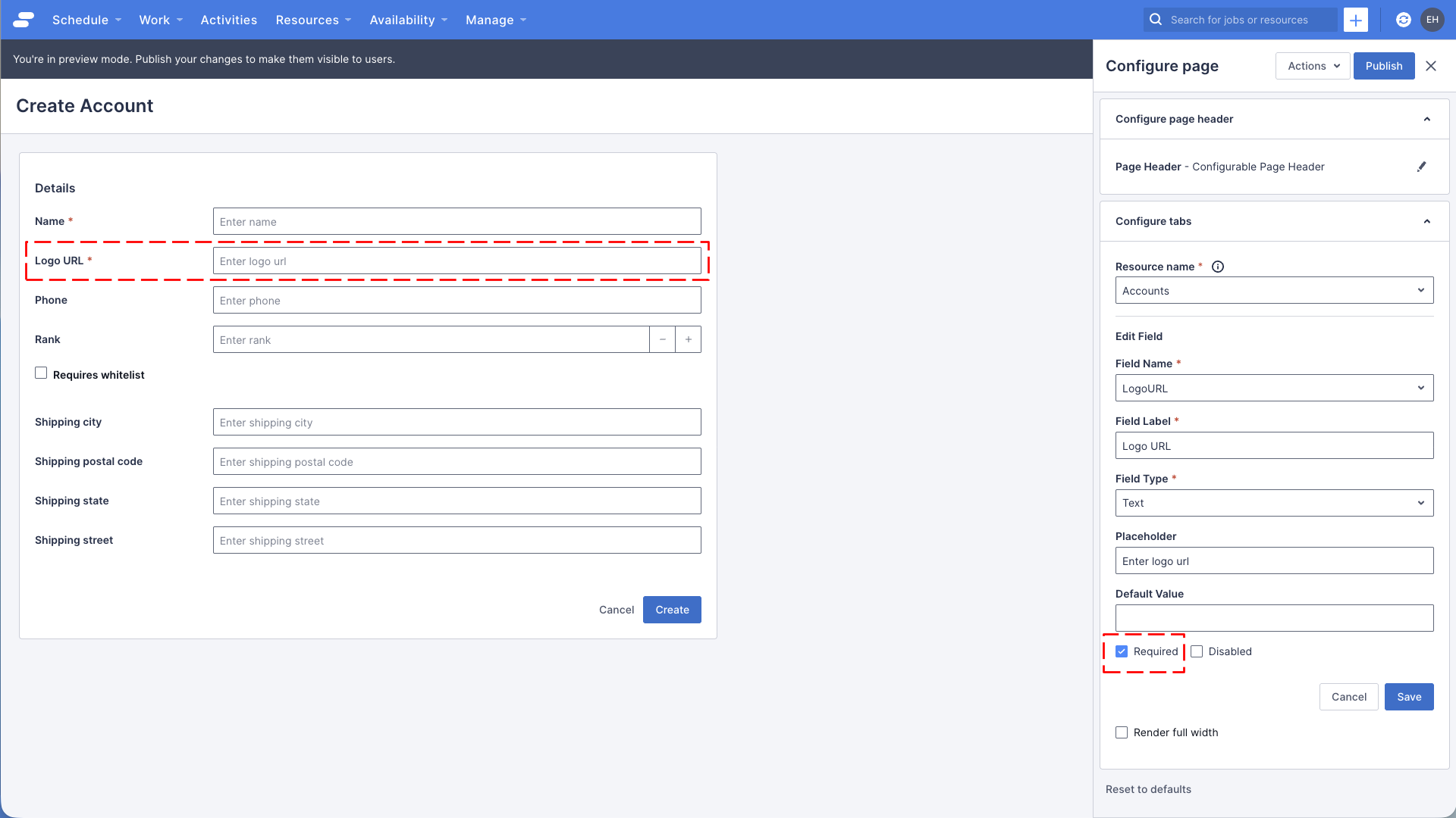 The account create page with billing address and fax fields removed.