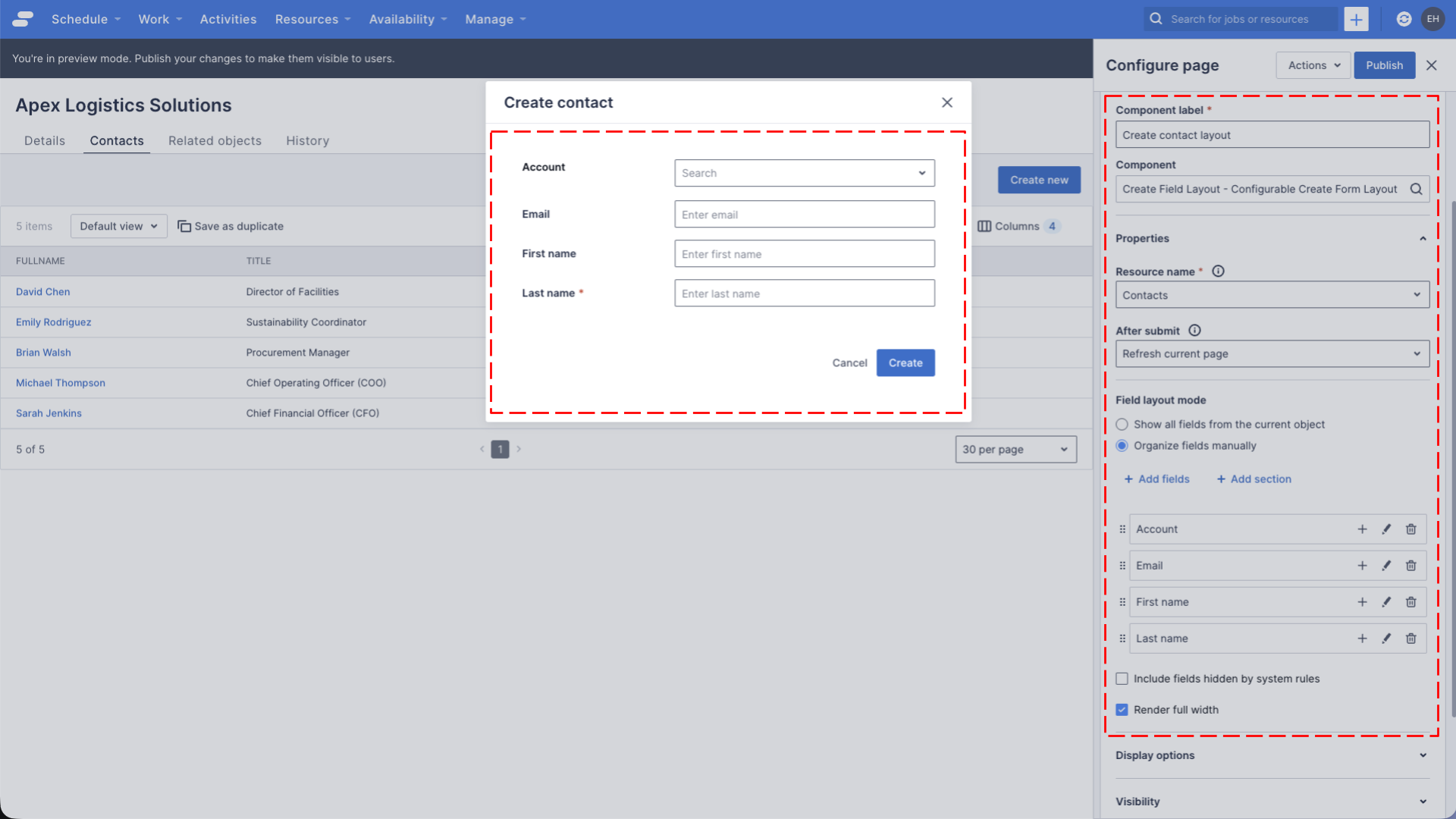 A preview of the account detail page with a modal “Create contact” popup showing. The page builder shows properties of the Modal Launcher component.