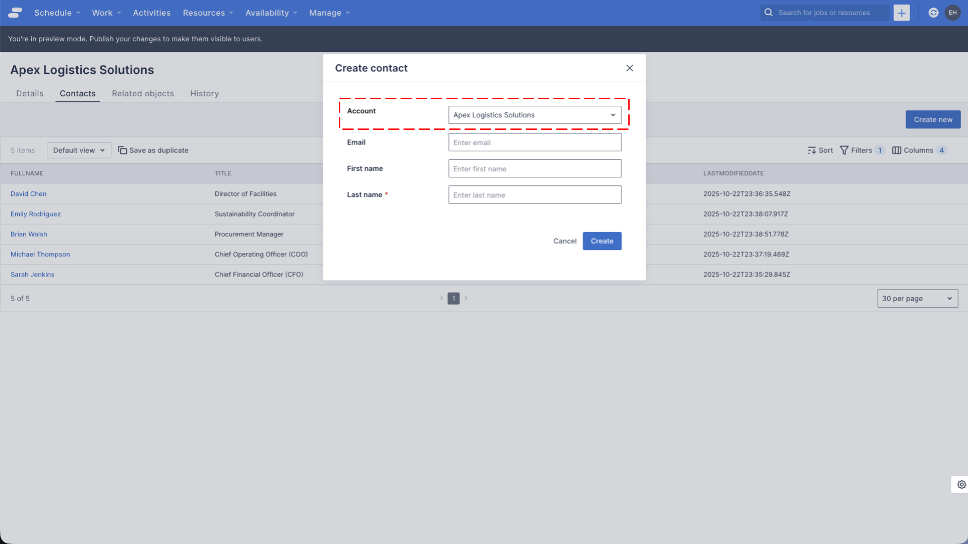 A preview of the account detail page with a modal “Create contact” popup showing, with the Account field defaulted to the current account record.