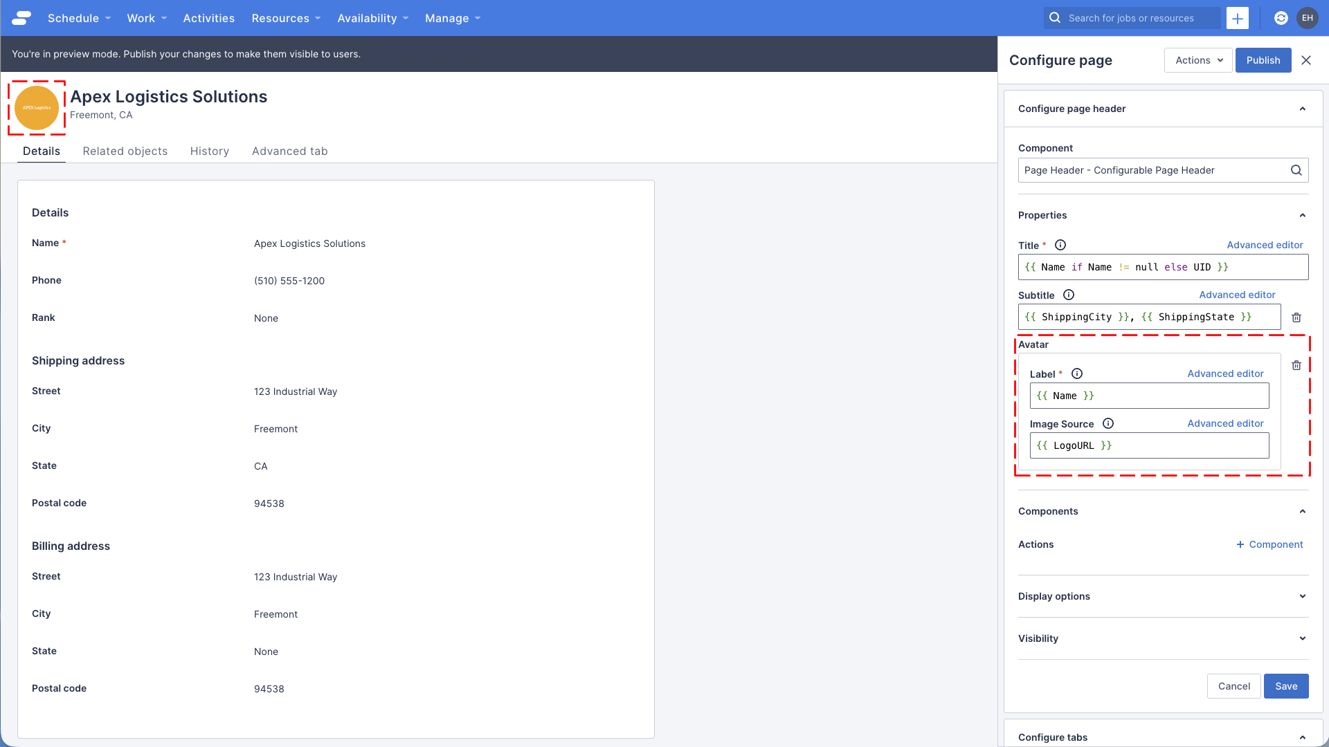 A preview of the account detail page with an avatar configured in the header.