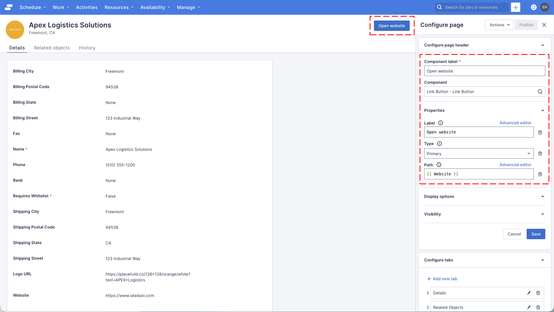 The account detail page with an &ldquo;Open website&rdquo; button nested in the page header.