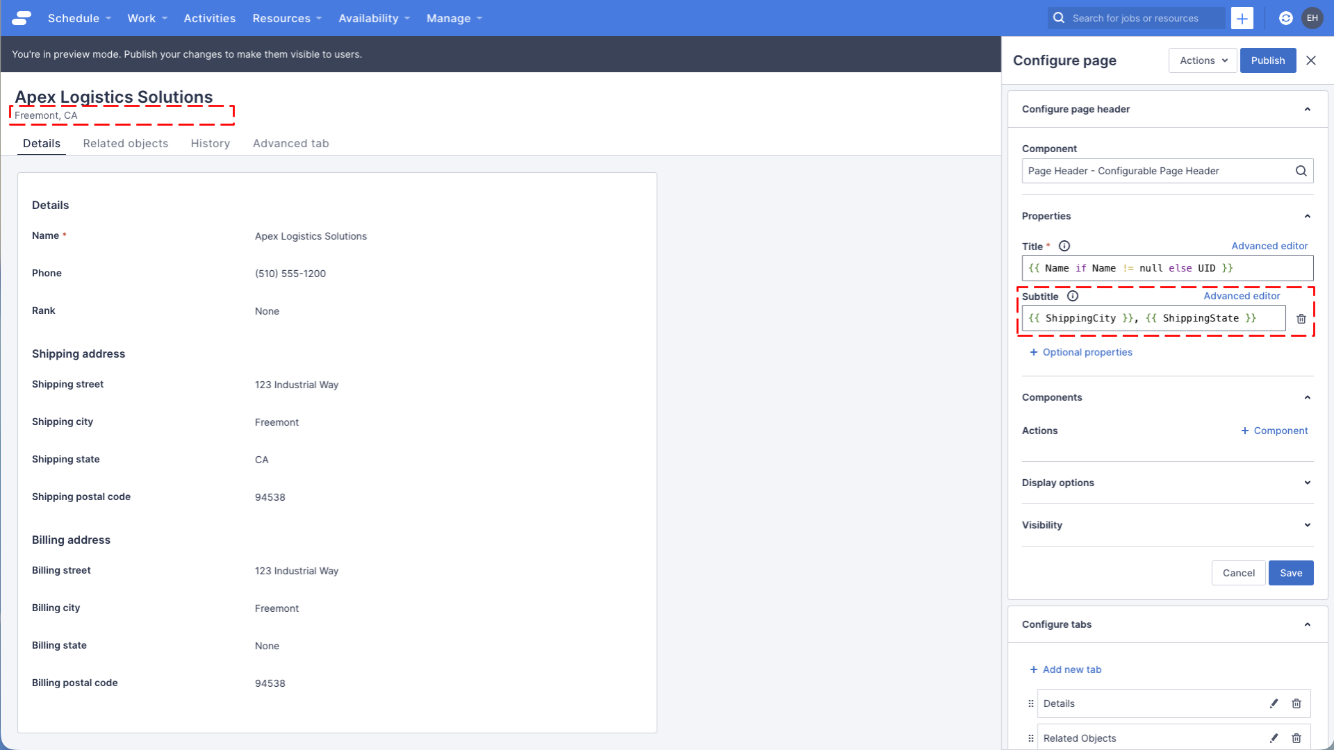 A preview of the account detail page with the shipping city and state in the subtitle of the header.