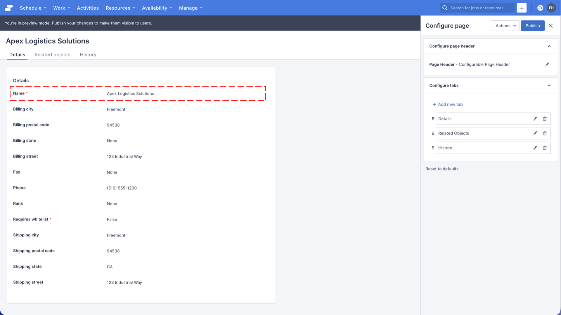 A preview of the account detail page with a the Name field displayed as the first field on the page.